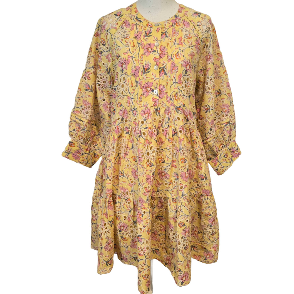 dRA Los Angeles Yara Yellow Floral Eyelet Mini Dress Cotton Sun Dress XS Boho - Picture 2 of 16